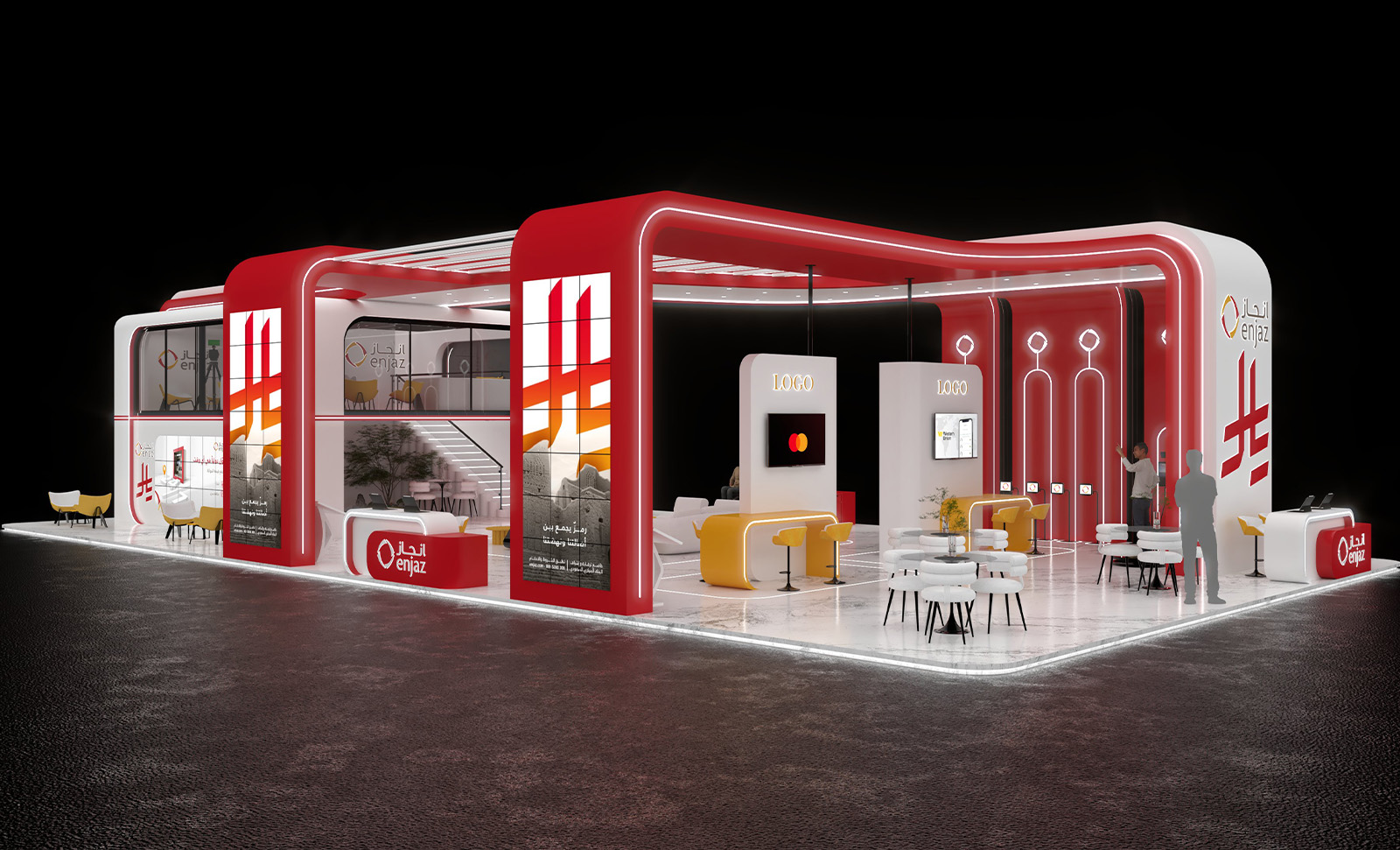 Wide view of the Enjaz booth on opening day