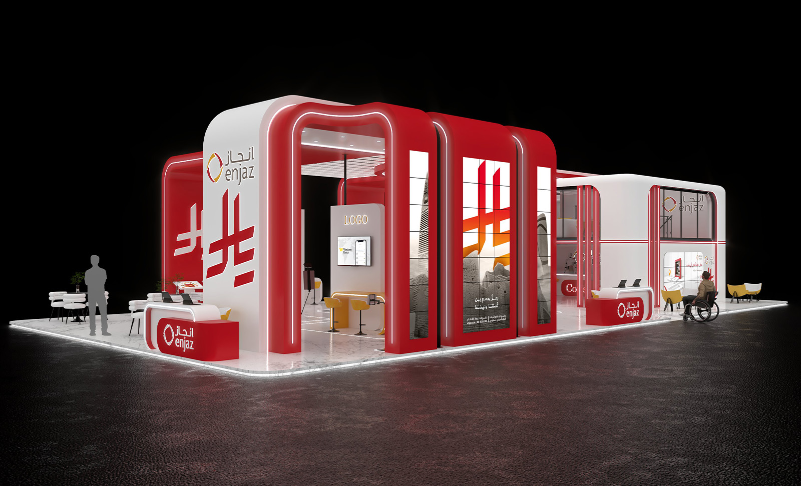 Front elevation of the booth with signage