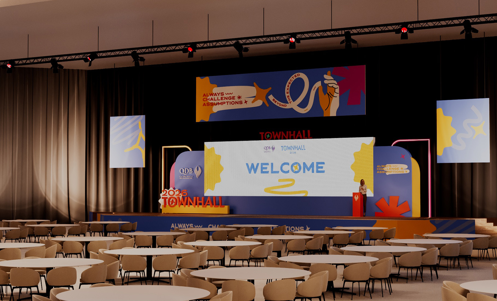 Qatar Development Bank (QDB) Town Hall event designed and built by Review Design in Doha