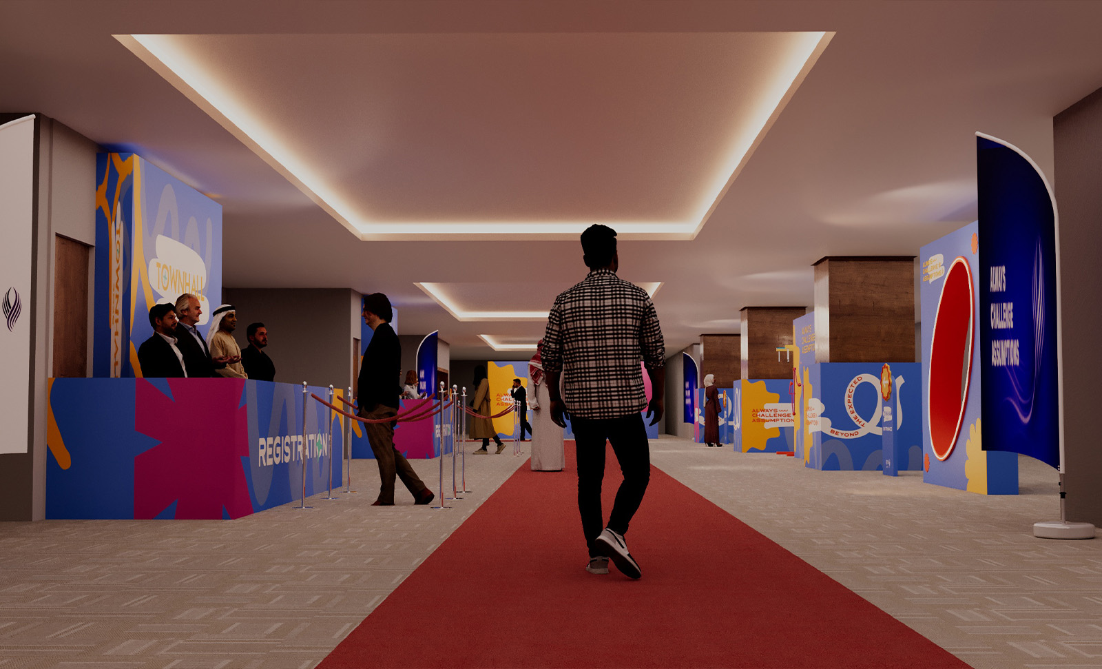 Wide view of the QDB Town Hall venue at full capacity in Doha